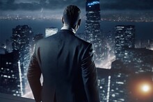 A Man In A Suit Looking Out Over A City At Night With A Neon Sign On The Top Of A Building A Matte Painting New Objectivity 3d Art Render