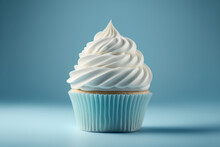 Blue Cupcake With White Cream On A Blue Background. Generative AI
