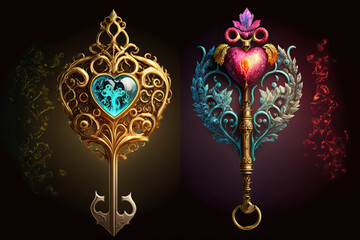 Wall Mural - Two magical fantasy keys with a heart, Generative AI