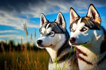 Sticker - two husky canines Siberian husky out on a stroll. Generative AI