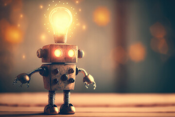 retro wood robot with light bulb on the head standing on the table with bokeh light background, natu