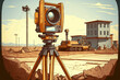Theodolite or complete positioning station used by surveyors at a road or building construction site against a backdrop of construction equipment. Generative AI