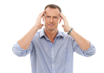 Wall Mural - Business man, face in portrait with headache, hands on temple with pain and health problem isolated on white background. Male employee has migraine in studio, corporate burnout and stress from job