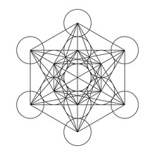 Sacred Geometry. Metatrons Cube, Stroke Vector, A Mystical Symbol, Derived From The Flower Of Life. All Thirteen Circles Are Connected With Straight Lines. Black Lines Over White Background.