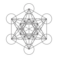 Sacred Geometry. Metatrons Cube, stroke vector, a mystical symbol, derived from the Flower of Life. All thirteen circles are connected with straight lines. Black lines over white background.