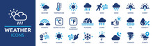 Weather Icon Set. Containing Temperature, Sun, Rain, Snow, Cloud, Humidity, Summer, Winter, Spring, Cloudy And Rainy Season. Climate Symbol. Solid Icon Collection.