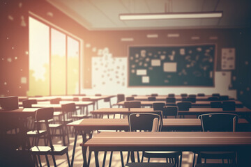 Sticker - School classroom in blur background without young student; Blurry view of elementary class room no kid or teacher with chairs and tables in campus in vintage tone. Generative AI