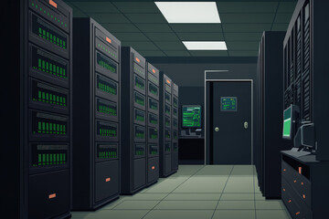 Sticker - Interior of a contemporary server room with black computer cabinets. Generative AI