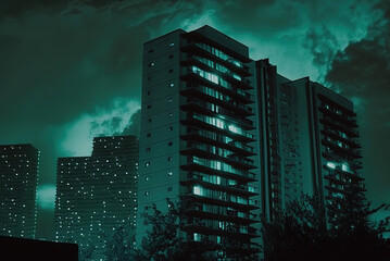 Modern residential buildings at night. Generative AI.