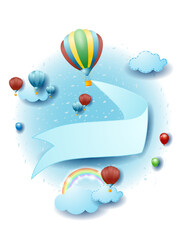 Sticker - Landscape with hot air balloon and blank banner, fantasy illustration. Vector eps10