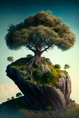 Canvas Print - Tree on top of rocky hill generative AI