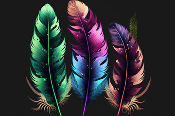 Canvas Print - Feathers with lovely colors, isolated on a dark backdrop. Generative AI