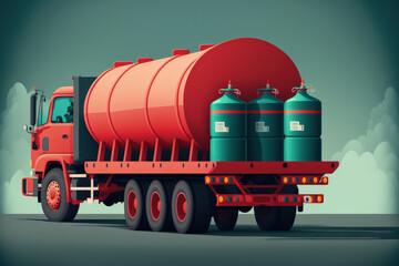 Red cylinders containing compressed gas are transported to consumers by trucks delivering hazardous items. gas cylinder delivery vehicle transporting gas cylinders. Generative AI