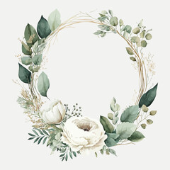 Wall Mural - watercolor floral illustration - white flowers, rose, peony, leaves and branches wreath frame. decor
