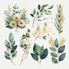 Sticker - Watercolor floral illustration set - flower and green gold leaf. Decorative elements template. Flat cartoon illustration isolated on white background