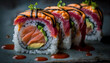 Salmon sushi rolls in dark background