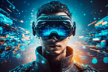AI Metaverse concept collage design with man wearing VR headset, man with smart glasses futuristic technology binary digits background