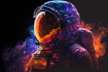 Wall Mural - background in space. astronaut on reflective surface holding a vibrant fractal nebula. electronic pa