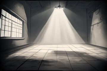 Wall Mural - Studio background with a grungy concrete floor in the background, spot lighting, and fog or mist. Generative AI