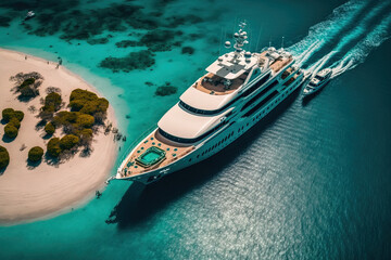 Sticker - Large yacht boat with helicopter landing place captured in aerial drone photo in tropical exotic paradise bay with turquoise open sea. Generative AI