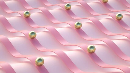 3D loop of golden balls rolling along wavy pink lines