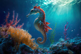 Fototapeta  - Hippocampus the seahorse swimming in the water with corals in the background. Generative AI