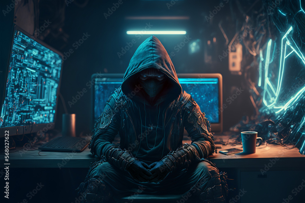 Ilustraci n De Stock Cyber security Hacker With A Hoodie Hiding Face 