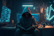 Cyber-security hacker with a hoodie hiding face -computer technology background wallpaper created with a Generative AI technology	
