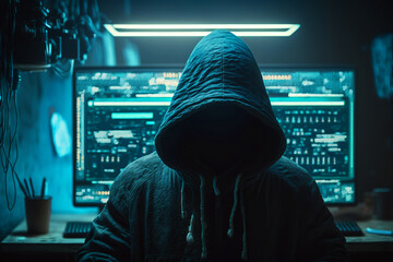 Wall Mural - Cyber-security hacker with a hoodie hiding face -computer technology background wallpaper created with a Generative AI technology	