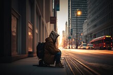 Homeless Person Sitting On Sidewalk Surrounded By Busy Cityscape, Concept Of Urban Poverty And Social Inequality, Created With Generative AI Technology