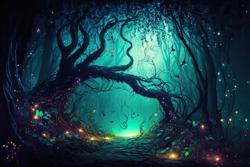 Canvas Print - Fantasy forest in a dark fairy tale. Nighttime forest scene with ethereal lights. Forest, enchantment, fantasy, night, lights, neon all abstract concepts. Generative AI