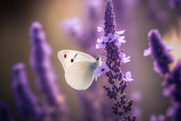 Canvas Print - Lavender flower with a white butterfly on it. beautiful bokeh in the sun. selective focus in macro photography. Generative AI