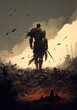 human warrior standing amidst the aftermath of a battle, with the bodies of fallen creatures and human soldiers scattered around them, fantasy art for book cover, Generative AI