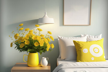 Sticker - Cheerful yellow hello sign and fresh flowers in a clean and bright bedroom. Generative AI