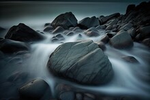  A Long Exposure Photo Of A River With Rocks In The Foreground And Water Rushing Over The Rocks In The Foreground, At Night.  Generative Ai