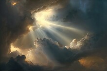  A Painting Of A Sky Filled With Clouds And Sun Rays Coming Through The Clouds With A Bright Beam Of Light Coming From The Center Of The Cloud.  Generative Ai