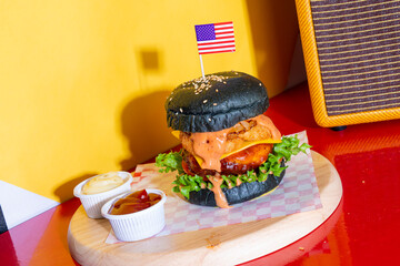 Sticker - barbecue burger - pork with barbecue sauce with cheese, onion rings and bacon burger