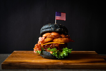 Sticker - barbecue burger - pork with barbecue sauce with cheese, onion rings and bacon burger