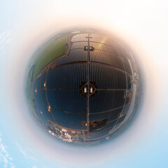 Canvas Print - 360 Degree Spherical panorama of Solar Photovoltaic. Solar plant rows array of ground mount system Installation for producing alternative energy for sustainable development. renewable energy