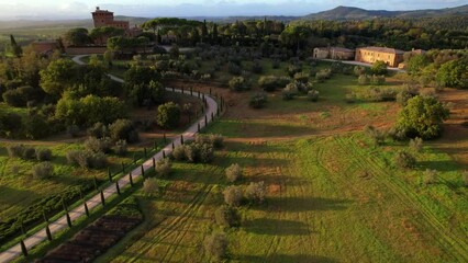 Canvas Print - Italy, romantic Tuscany scenery with cypresses and castles. famous region Val d'Orcia. aerial drone video 