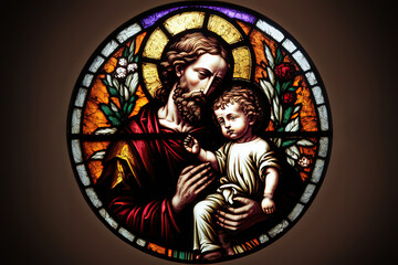 Wall Mural - Saint Joseph holds the Christ child in his arms. Christian stained glass. Father's Day.