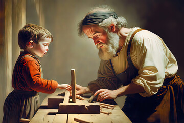 Wall Mural - Saint Joseph of Nazareth teaches Jesus Christ carpentry. Saint Joseph the Worker. Father's Day.