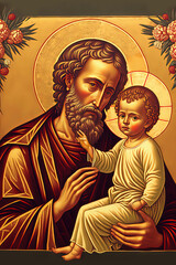 Wall Mural - St. Joseph holds the baby Christ in his arms. Christian icon. Joseph of Nazareth.