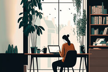 Freelance Person Working From Home At His Desk With A Laptop. Illustration Of Home Office And Teleworker Connecting Online, Remote Working And Networks Concept. Generative AI.