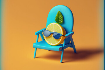 Sticker - On the blue and yellow background, a lemon fruit is relaxing in a beach chair. concept of a summer vacation. Glasses on a lemon with a green leaf lounging nearby. minimalist aesthetic for creative wor