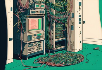 Poster - equipment for a cable television provider's communications network. In the racks of the TV station's server room, numerous TV wires jumble together at random. Generative AI