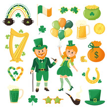 St. Patrick's Day Clipart Set. Leprechauns, Beer, Balloons, Shamrock, Horseshoe And Other Irish Symbols.