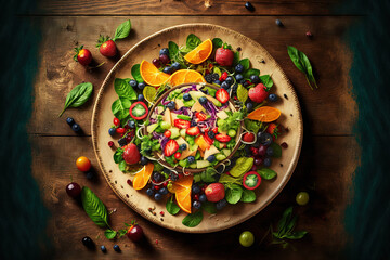 Sticker - Top view of a fresh salad with fruits, greens, and a vintage wooden background. Generative AI