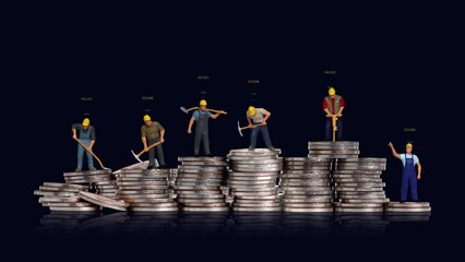 Wall Mural - Miniature workers on a pile of coins and graphics with business concept. Concept of competitive society and economic disparity.
