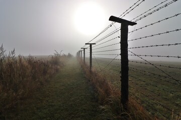 Remainder of the Iron Curtain in the border of Czech republic and Austria in morning fog